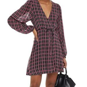GANNI pink black plaid wrap dress with sleeves